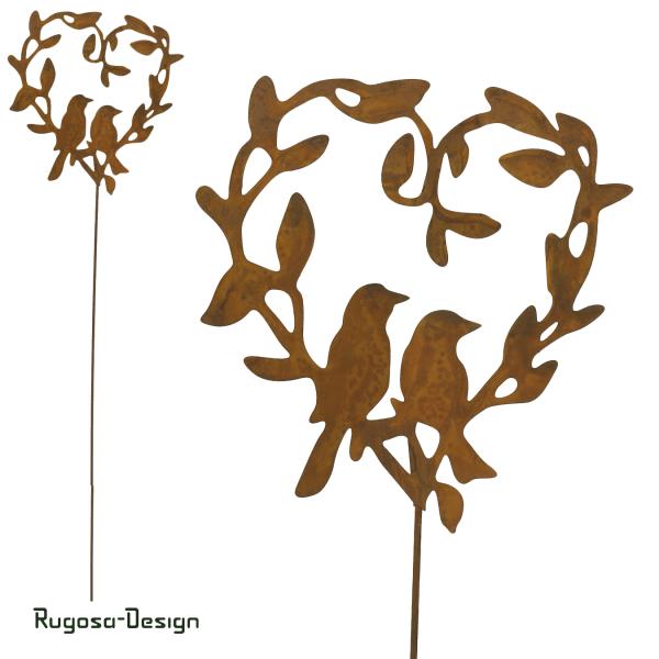 Rost-Herzstecker mit Vogelpaar, rost, 20cm